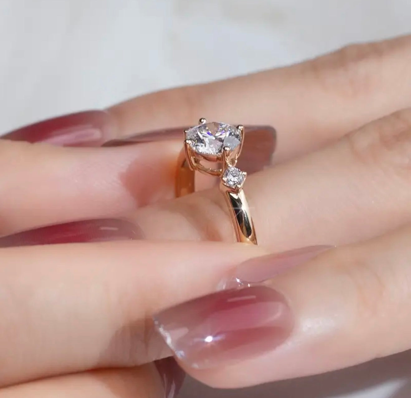 Solid 14K rose gold ring three diamond round brilliant cut lab grown diamond ring