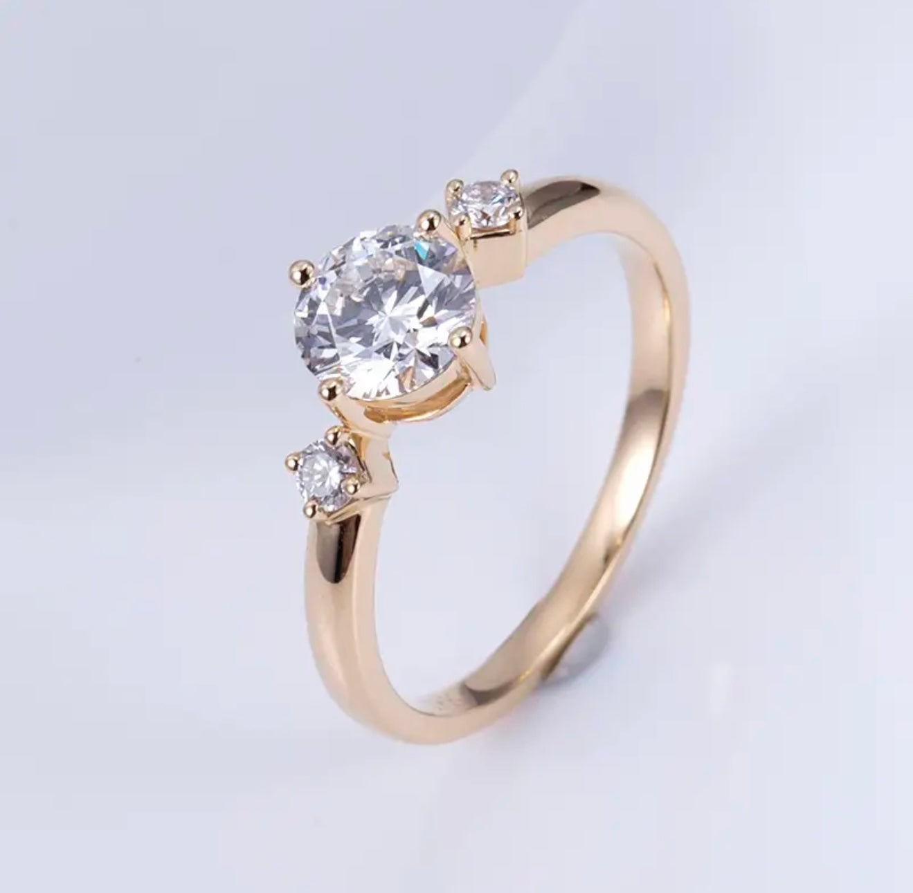 Solid 14K rose gold ring three diamond round brilliant cut lab grown diamond ring